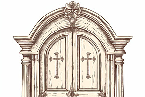 Antique wooden confessional door with ornate decoration and symbolic carvings, an Illustration by AS photostudio
