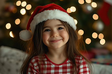 Smiling child girl in checkered pajamas and red santa hat on blu, a Holiday Photo by AlyaAnd