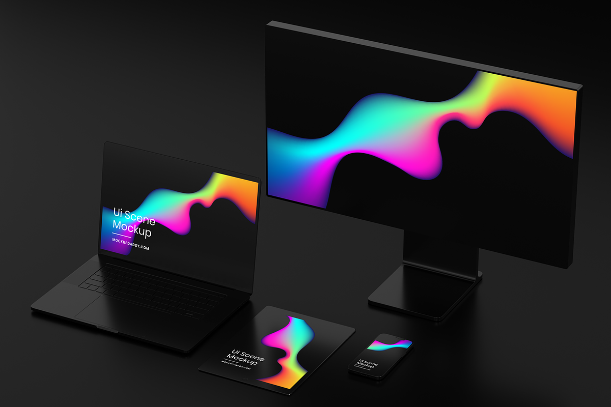 Black Devices Mockup Dark Theme Set, a Mac Mockup by Mockupdaddy (Photo 2 of 22)