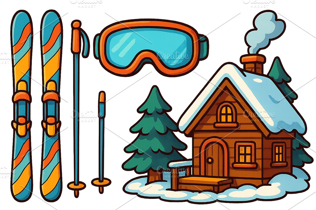 Ski equipment and cozy cabin in a, an Illustration by ZinetroN