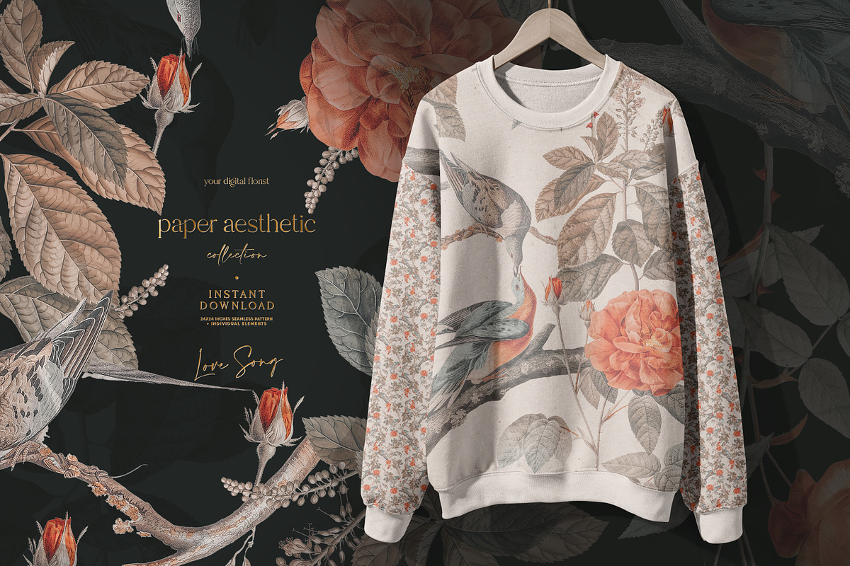 Orange Flowers and Birds Pattern, a Pattern Graphic by paper aesthetic (Photo 2 of 9)
