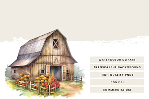 Watercolor Farm Country Barn Clipart