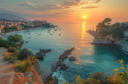 Stunning Sunset View of Cefalu Town Overlooking the Mediterranean Sea with Boat, a Photo by AS photostudio
