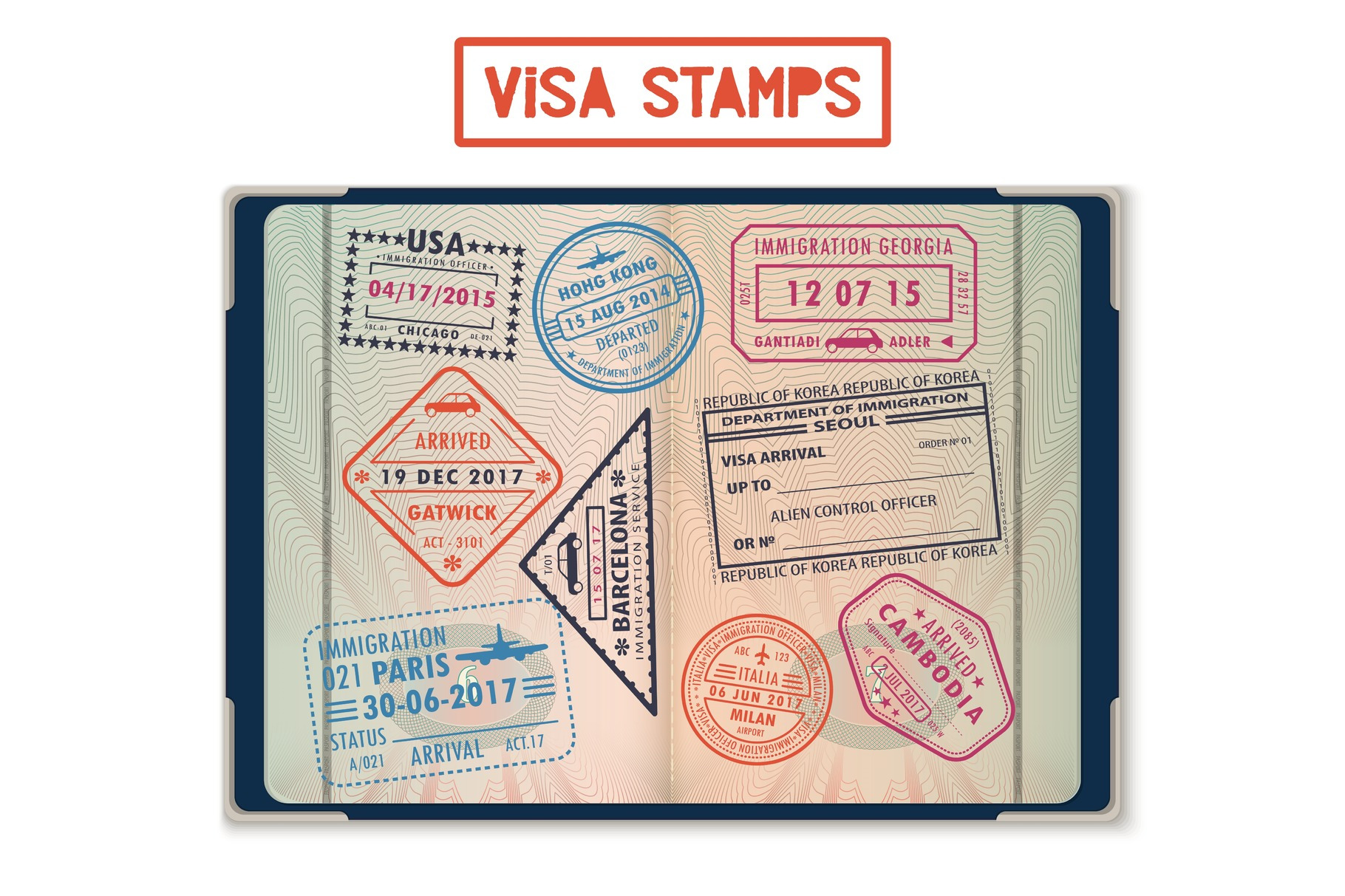 Visa stamps for USA and Korea, Georgia and France, an Object Graphic by ...