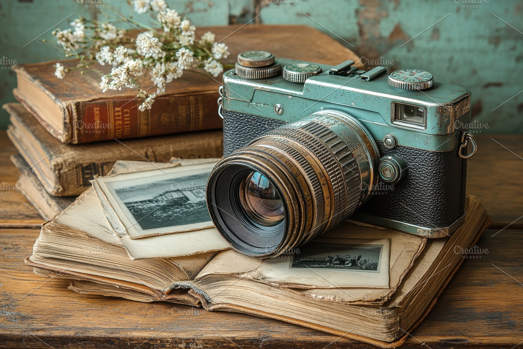 Vintage camera resting on old books, a Photo by Tanuart