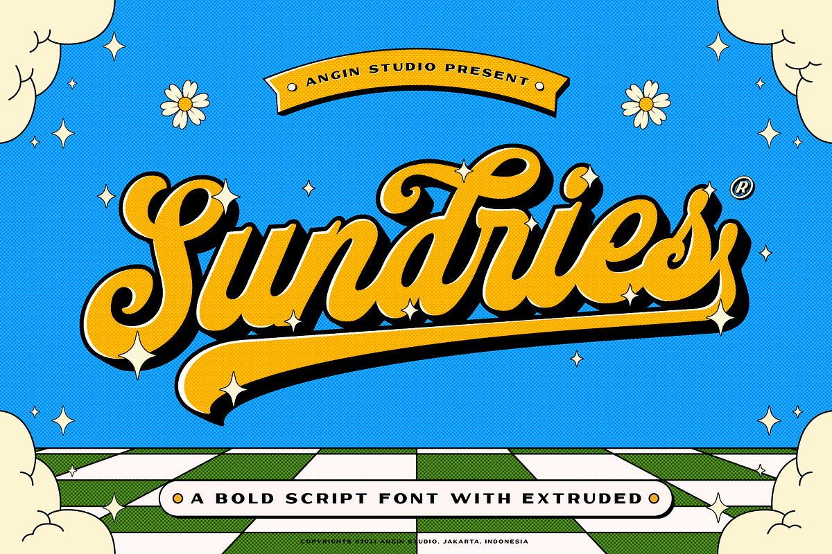 Sundries Bold Script with Extruded, a Script Font by Angin Studio (Photo 1 of 18)