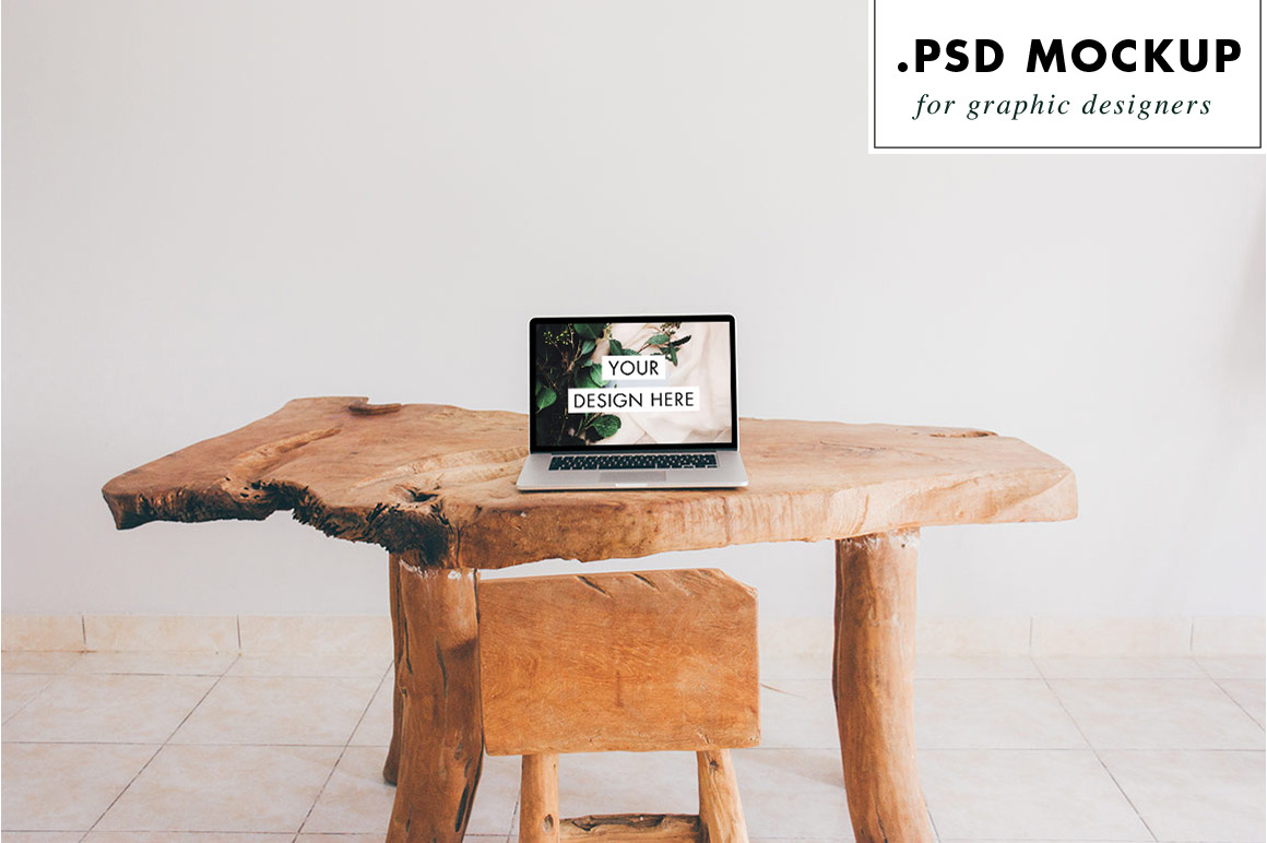 rustic wood table & chair web mockup, a Mac Mockup by Travelling Mockups