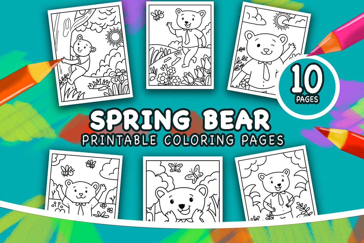 10 Spring Bear Printable Coloring Pa, an Education Illustration by badrusblue (Photo 1 of 5)