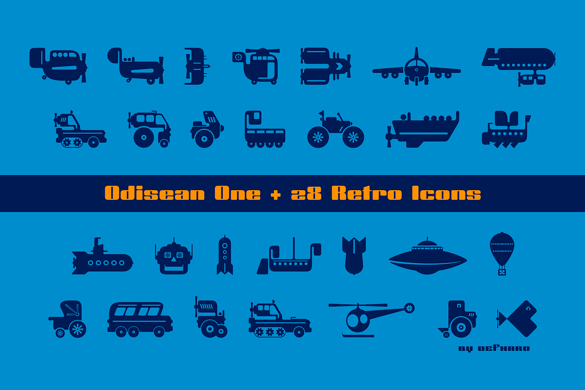 Odisean One - Retro font w/ 28 icons, a Sans Serif Font by deFharo (Photo 3 of 4)