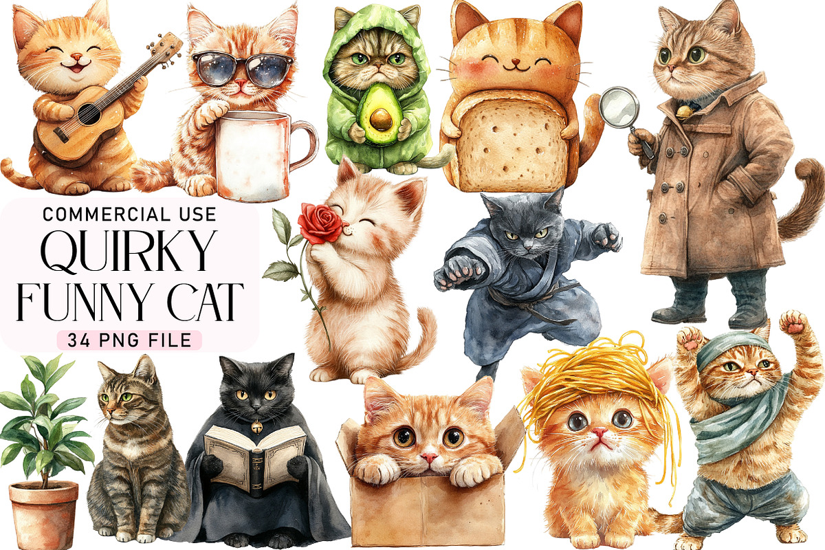 Funny Cat Clipart, Quirky Cat Clipar, an Illustration by Daily.Designs (Photo 1 of 5)