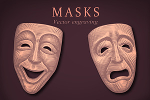 Theater Masks. Vector engraving
