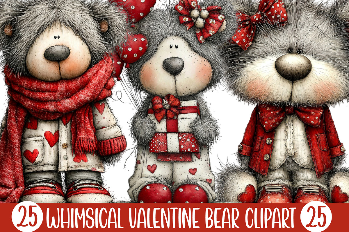 Whimsical Valentine Bear Clipart, an Illustration by Designking (Photo 1 of 5)