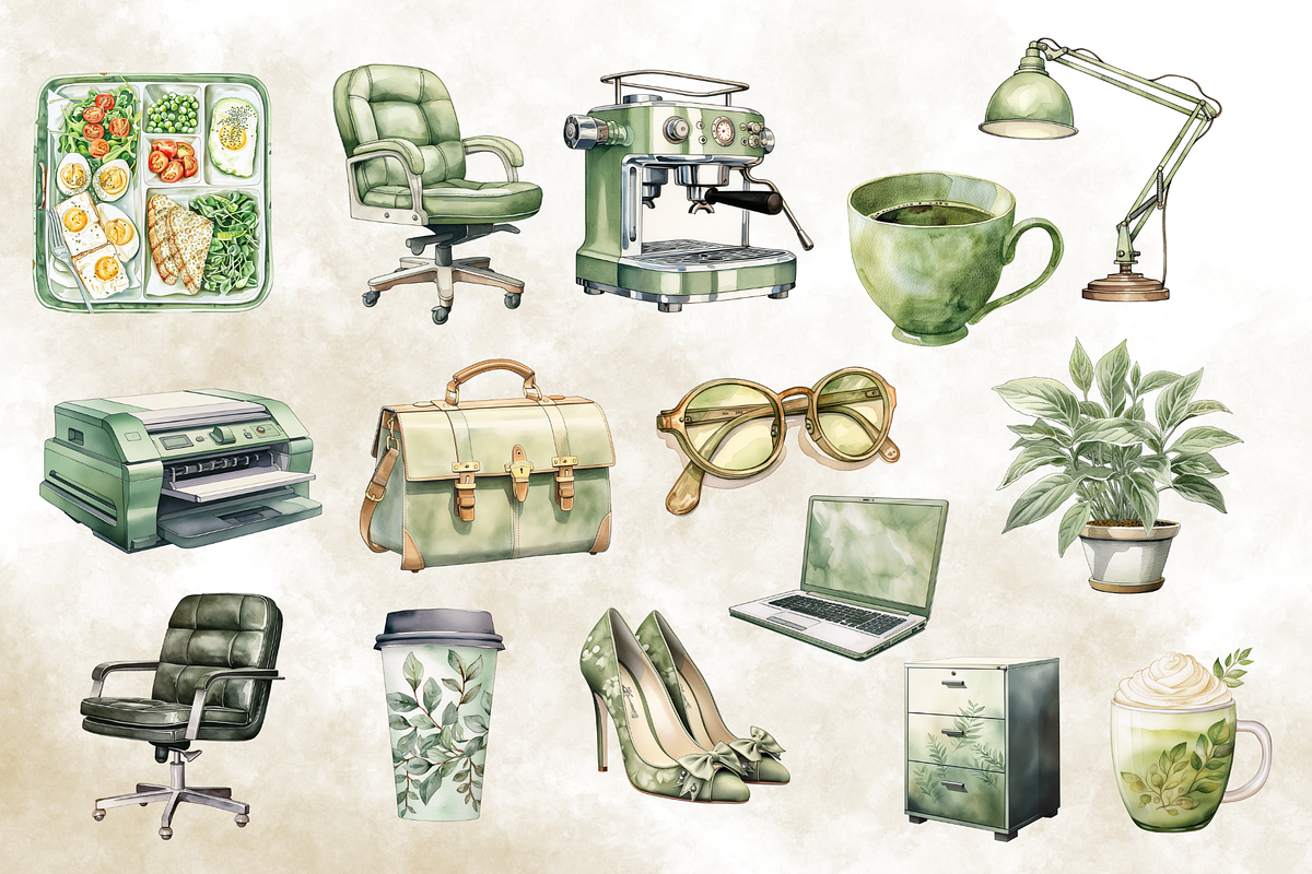 Watercolor Sage Green Office Clipart, an Illustration by NadiaTheronArt (Photo 2 of 5)