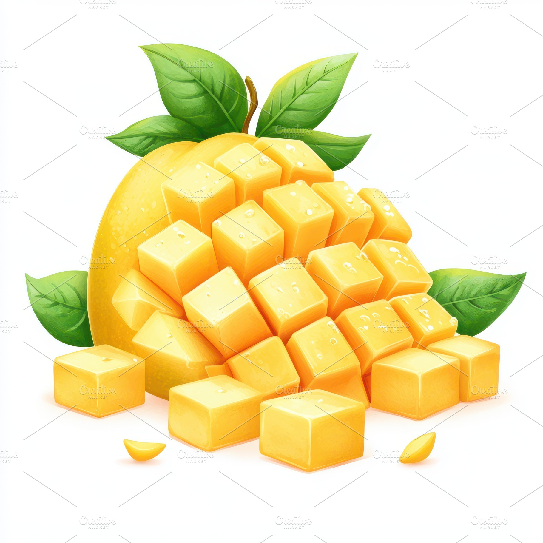Mango fruit with mango cubes and sli, a Food & Drink Photo by Pixeness Studio