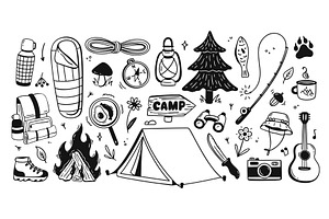 Camping camp hike, doodle trekking, an Object Illustration by winwin.art