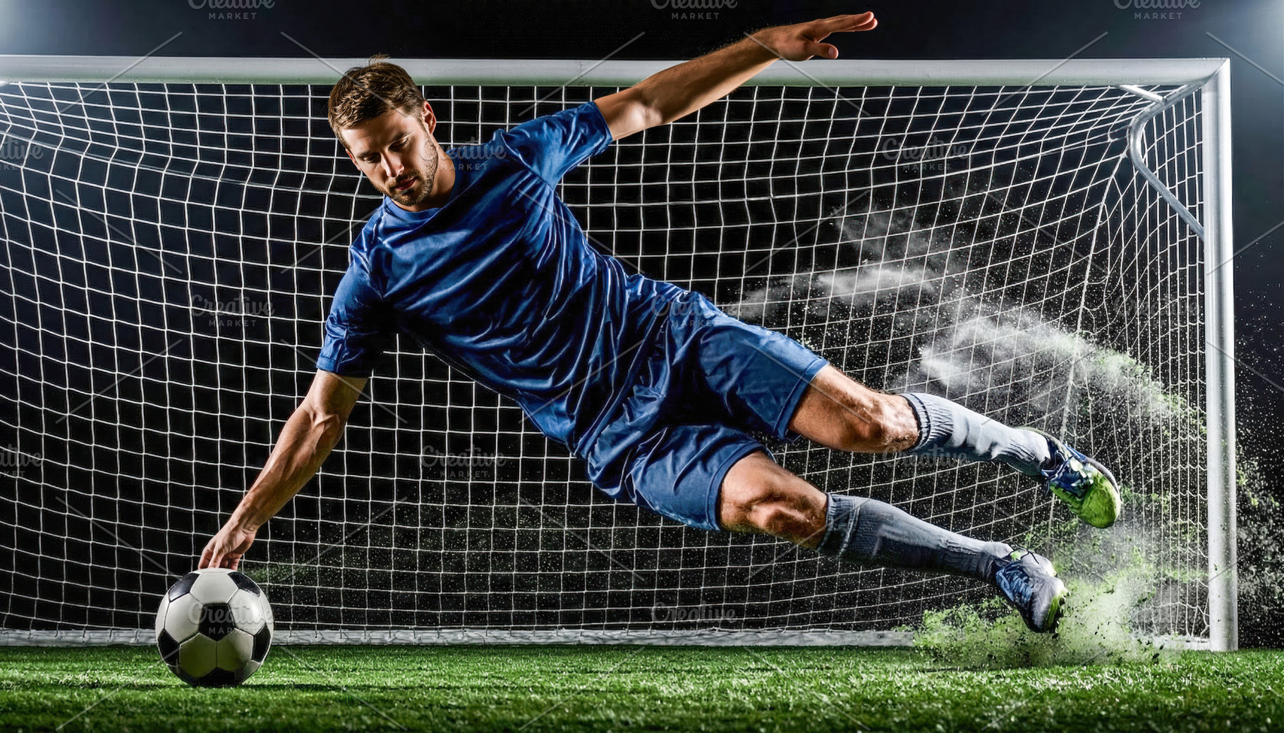 Soccer player kicking ball mid-air in goal, a Sports & Recreation Photo by Davizro's Market