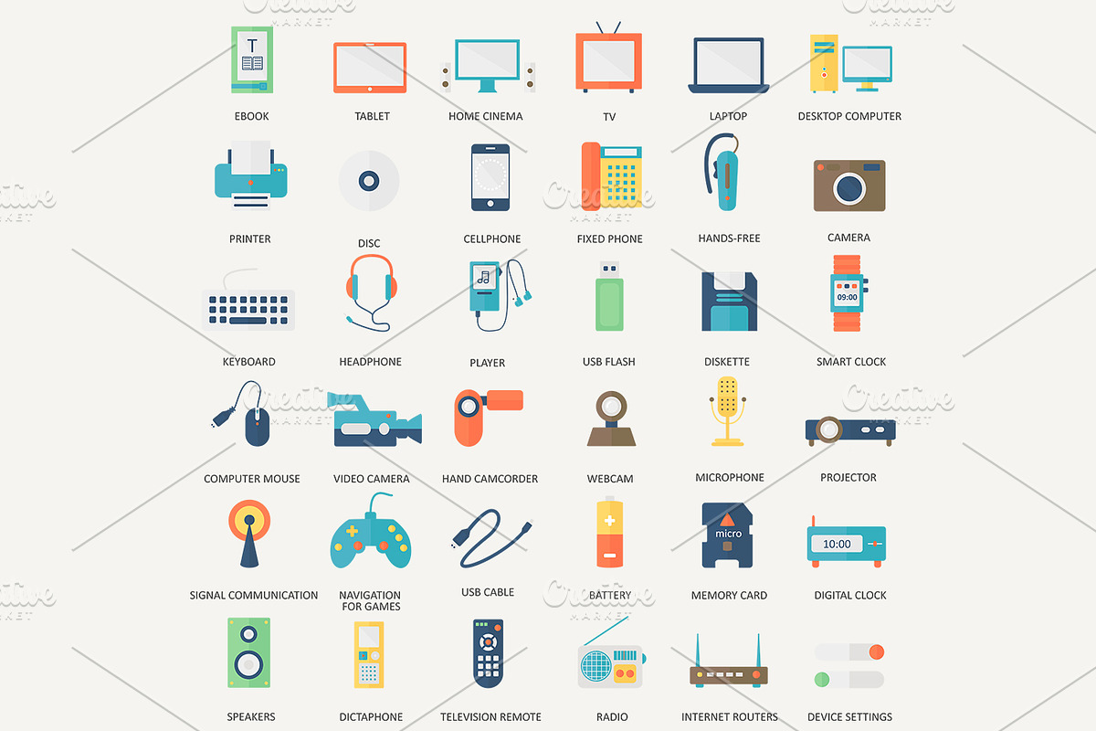 36 Multimedia devices flat icons set, an Icon by Lemberg Vector