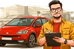 Man inspecting a red car with clipboard in an auto showroom setting, a Photo by AS photostudio