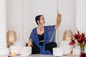 Flow chimes sound meditation woman singing bowls, a Person Photo by Photo Drive Studio