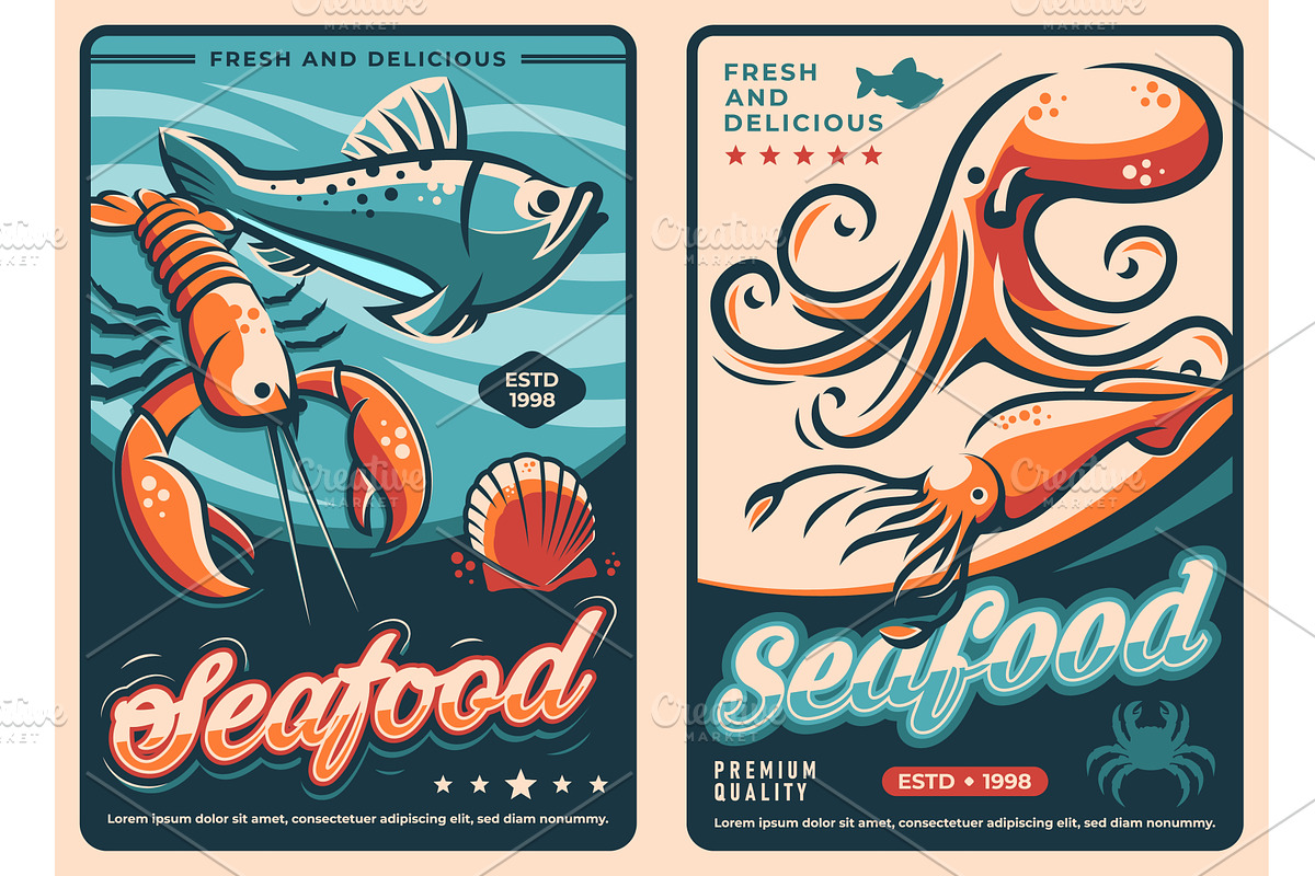Retro seafood posters, a Food Illustration by Vector Tradition
