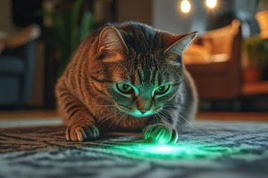 Focused feline with green laser toy, an Animal Photo by Pixeness Studio