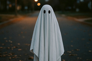 child in ghost costume at dusk, generative AI, a Photo by Nito