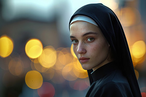 Young praying nun in church on blurred background, a Person Photo by AlyaAnd