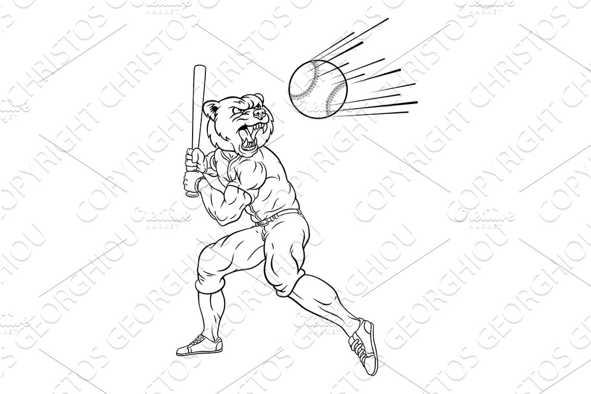 Bear Baseball Player Mascot Swinging, a Sport Illustration by Christos Georghiou