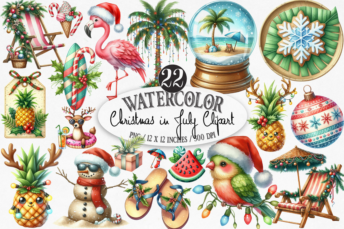 Watercolor Christmas in July Clipart, an Illustration by Designking (Photo 1 of 4)
