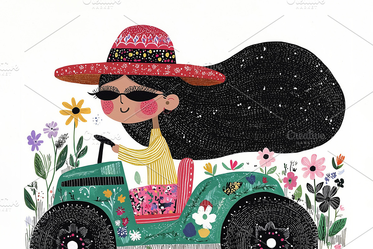 Young woman in a hat driving a buggy, a Person Illustration by Sybillla