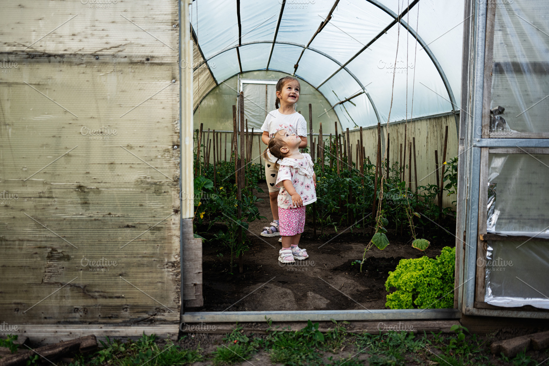 Two children enjoying time together inside a greenhouse surrounded by plants, a Person Photo by AS photostudio