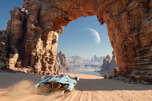 Spaceship speeding through alien des, a Photo by Pixeness Studio