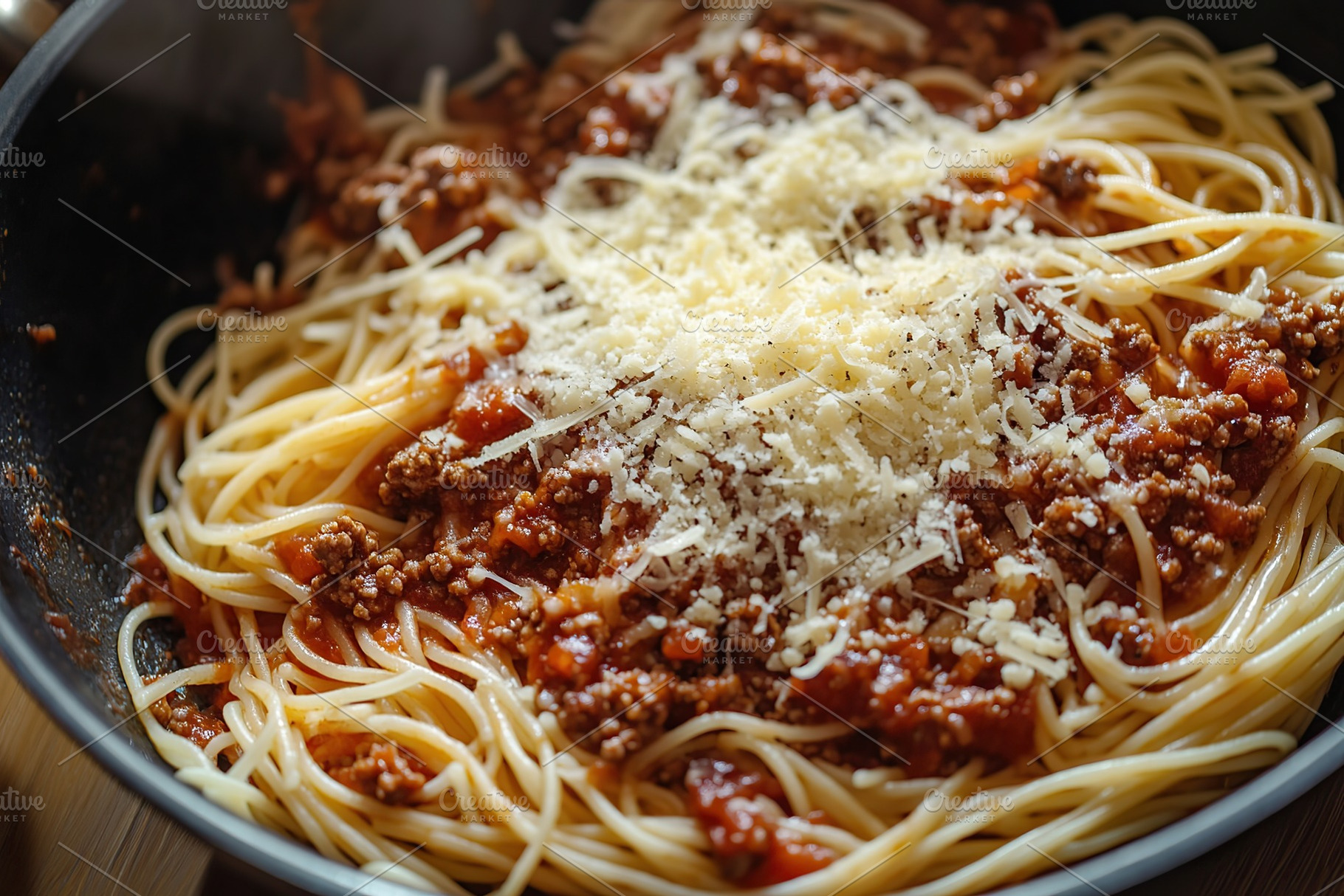 Spaghetti bolognese with ground beef on a frying pan, a Food & Drink Photo by AlyaAnd