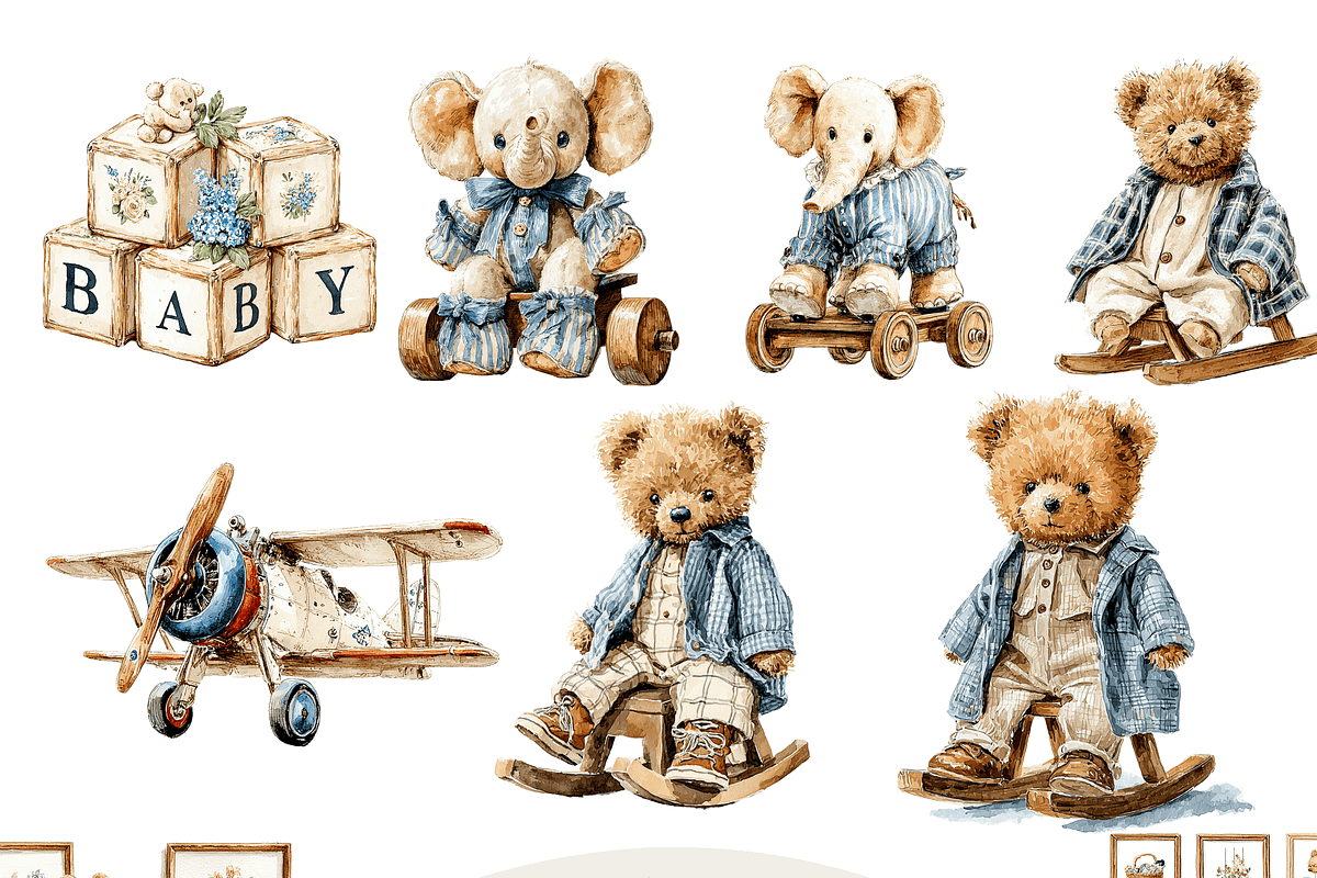 Vintage Teddy Bears Clipart Set, a Decorative Illustration by Pati Charm Studio (Photo 1 of 8)