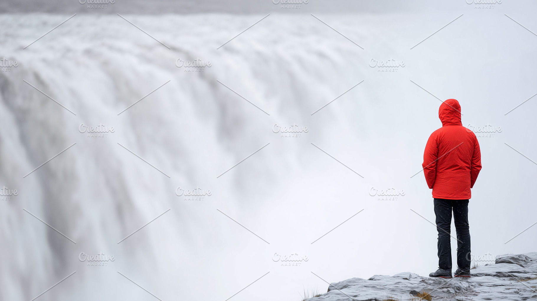 in a red jacket standing on a cliff, a Nature Photo by MistyDay