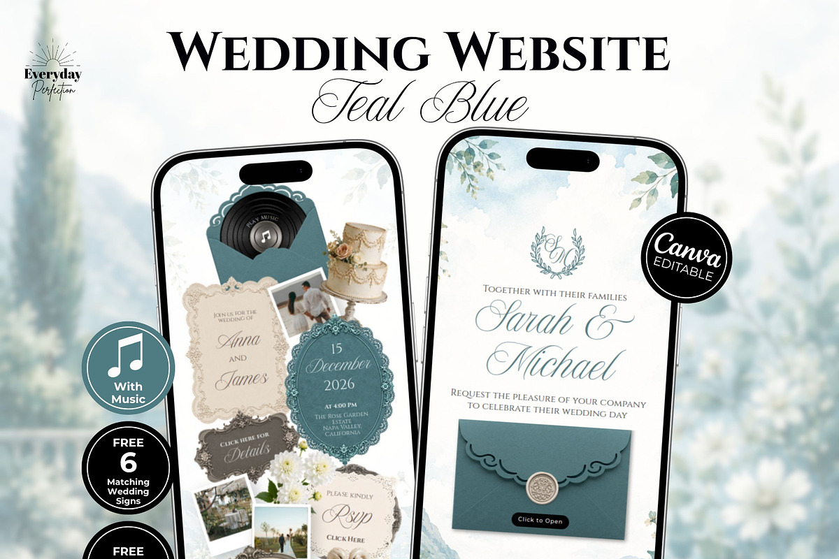 Teal Blue Wedding Website Invitation, a Landing Page Template by Everyday Perfection (Photo 1 of 12)