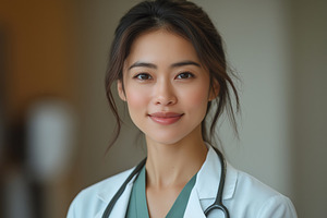 Young Asian female doctor smiling confidently in a medical setting, wearing a w, a Person Photo by ImageMir