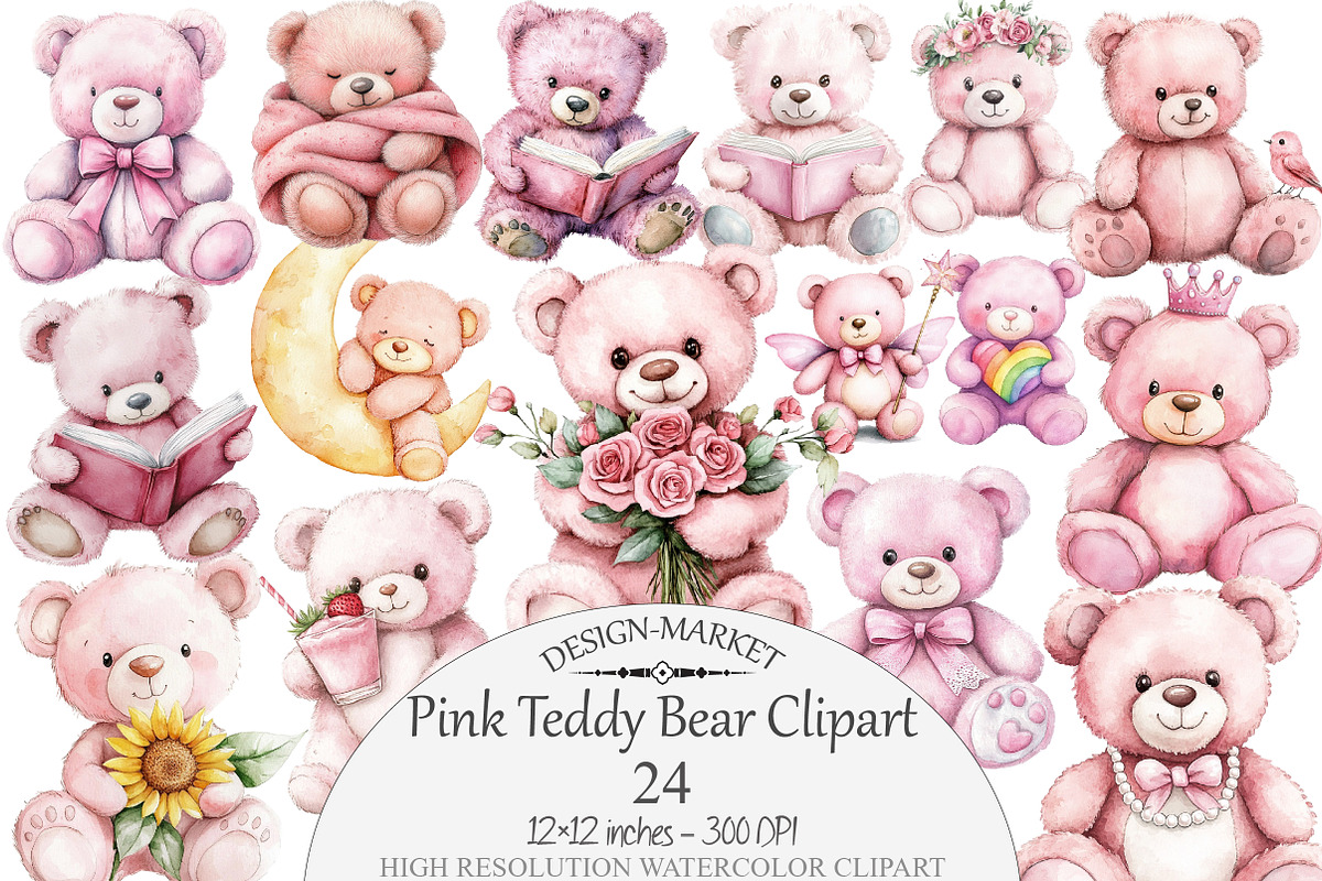 Watercolor Pink Teddy Bear Clipart, a Seasonal Illustration by Design Market (Photo 1 of 3)