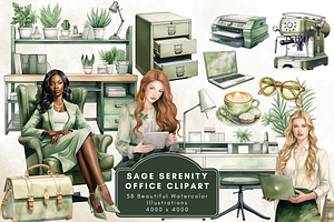 Watercolor Sage Green Office Clipart