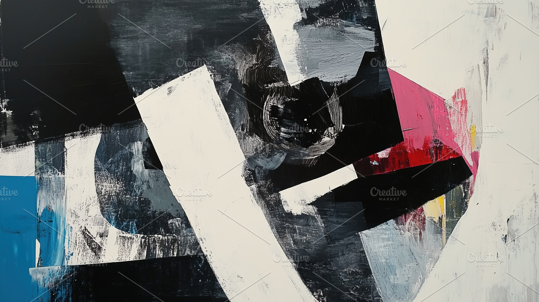 An abstract painting featuring bold black, white, and colorful geometric shapes, an Arts & Entertainment Photo by Textures & Backgrounds
