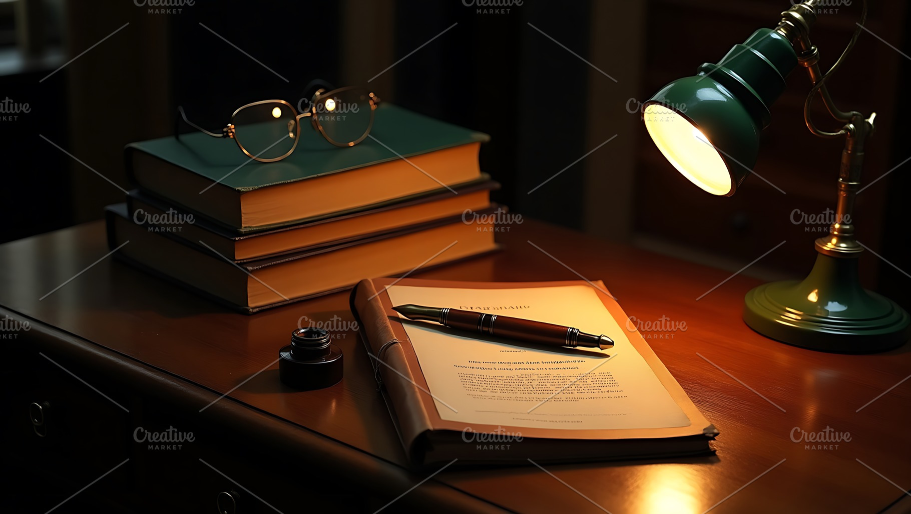 Vintage Desk with Green Lamp Books, a School & Education Photo by Artonix