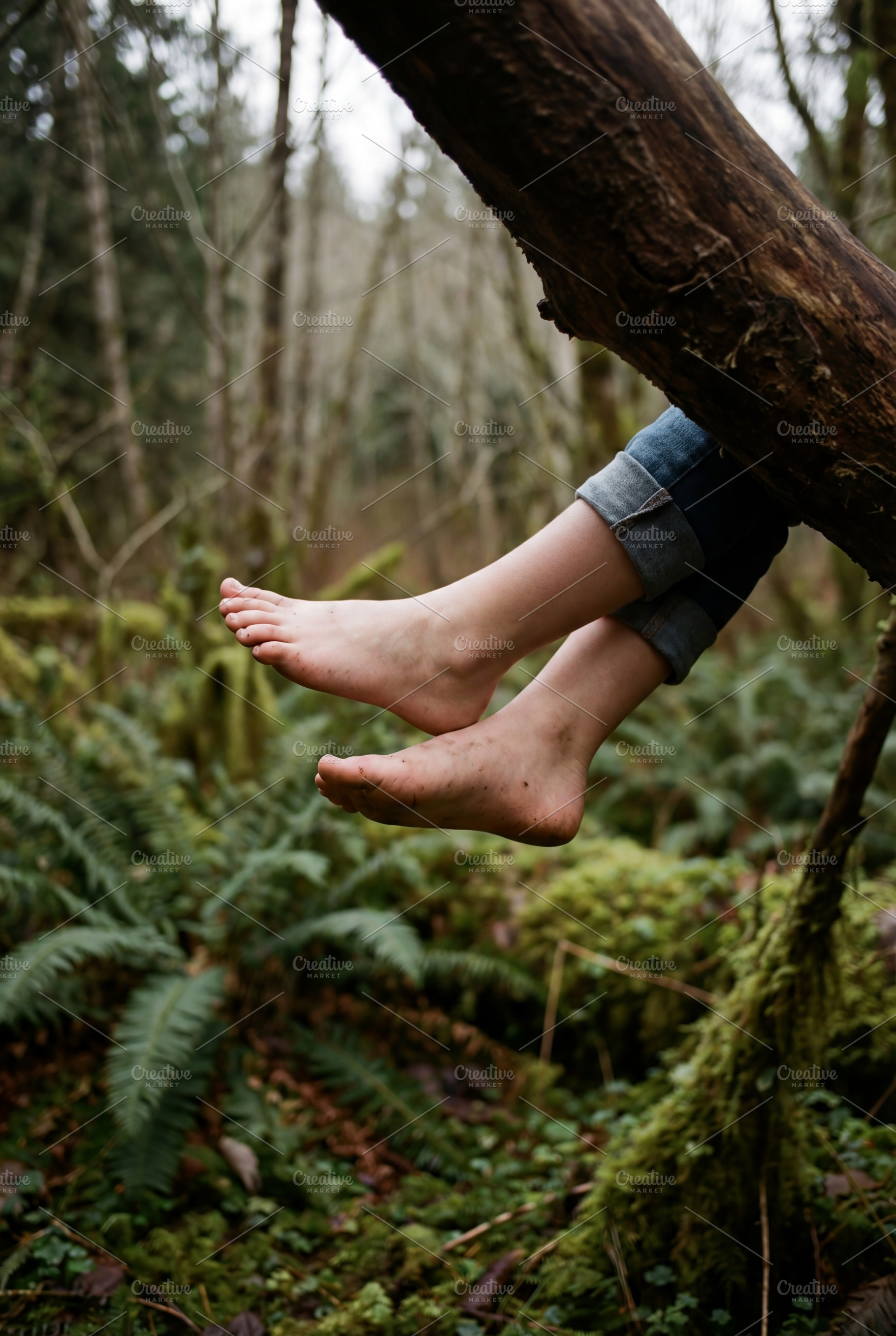 Bare feet dangling from a mossy tree, a Person Photo by Virgo Studio