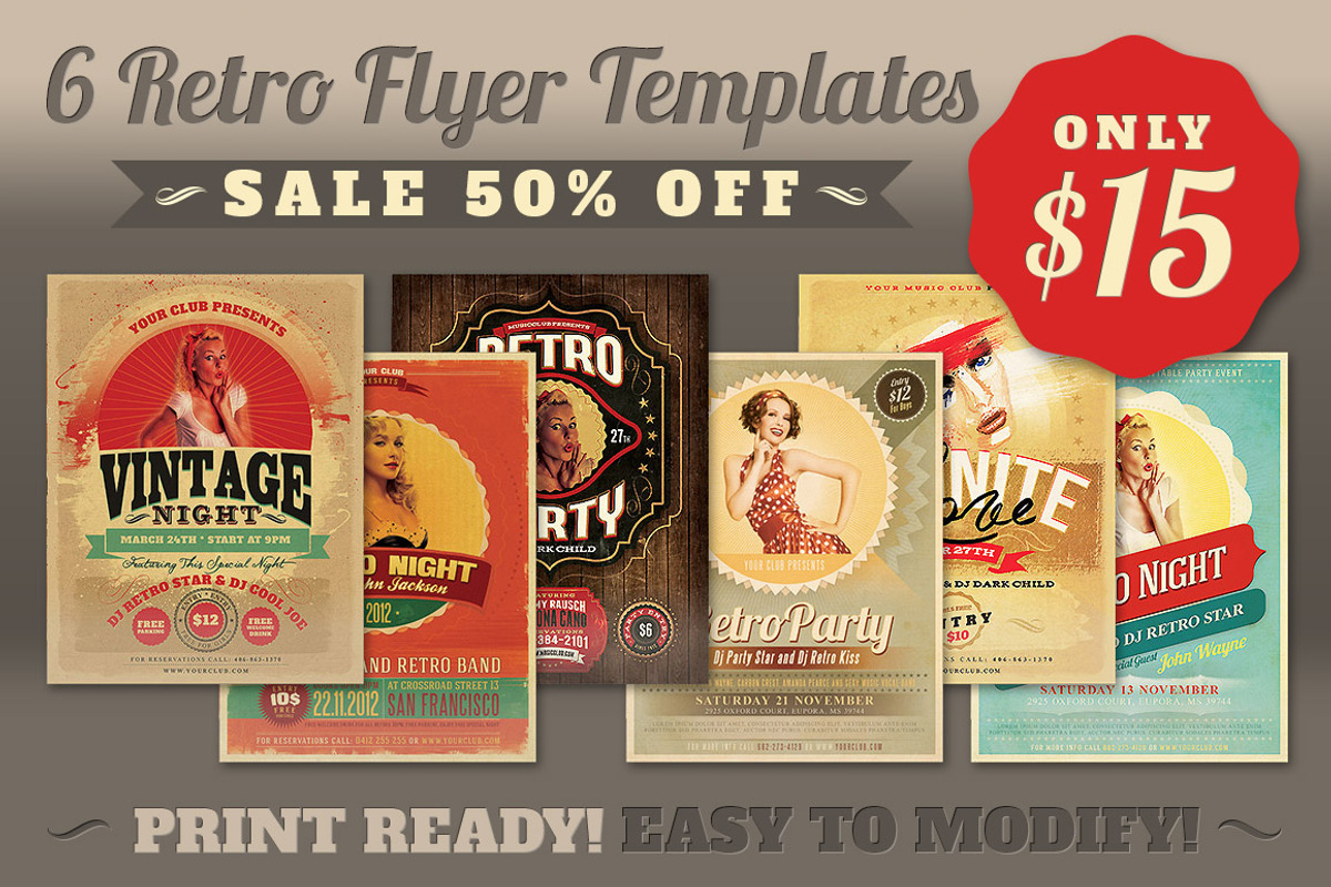 SALE: 6Retro Flyer Templates 50% Off, a Flyer Template by Cruzine (Photo 1 of 3)