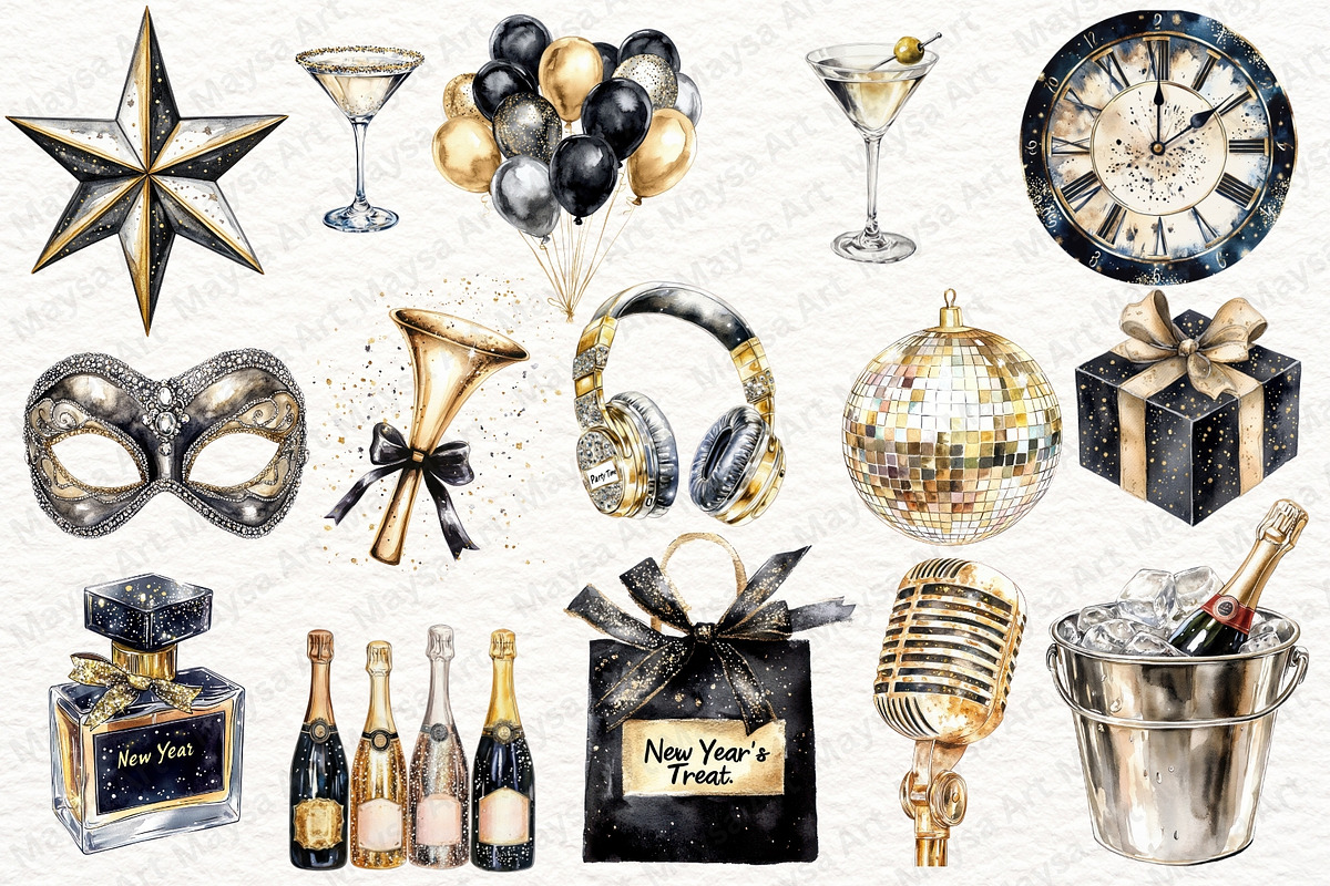 Black & Gold Happy New Year Clipart, an Illustration by Maysa Art (Photo 3 of 5)