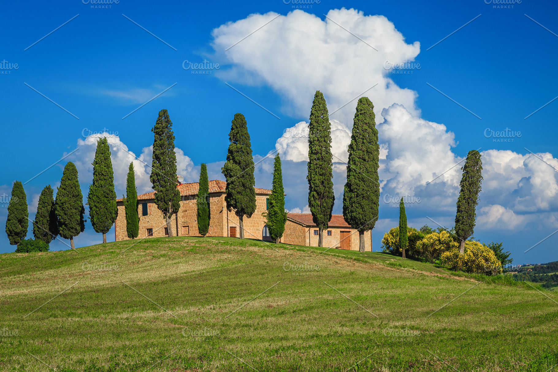 House on the slope with cypresses, an Architecture Photo by Alpine Dreams