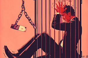 Businessman in a cage depicting stress and feeling trapped., a Photo by AS photostudio