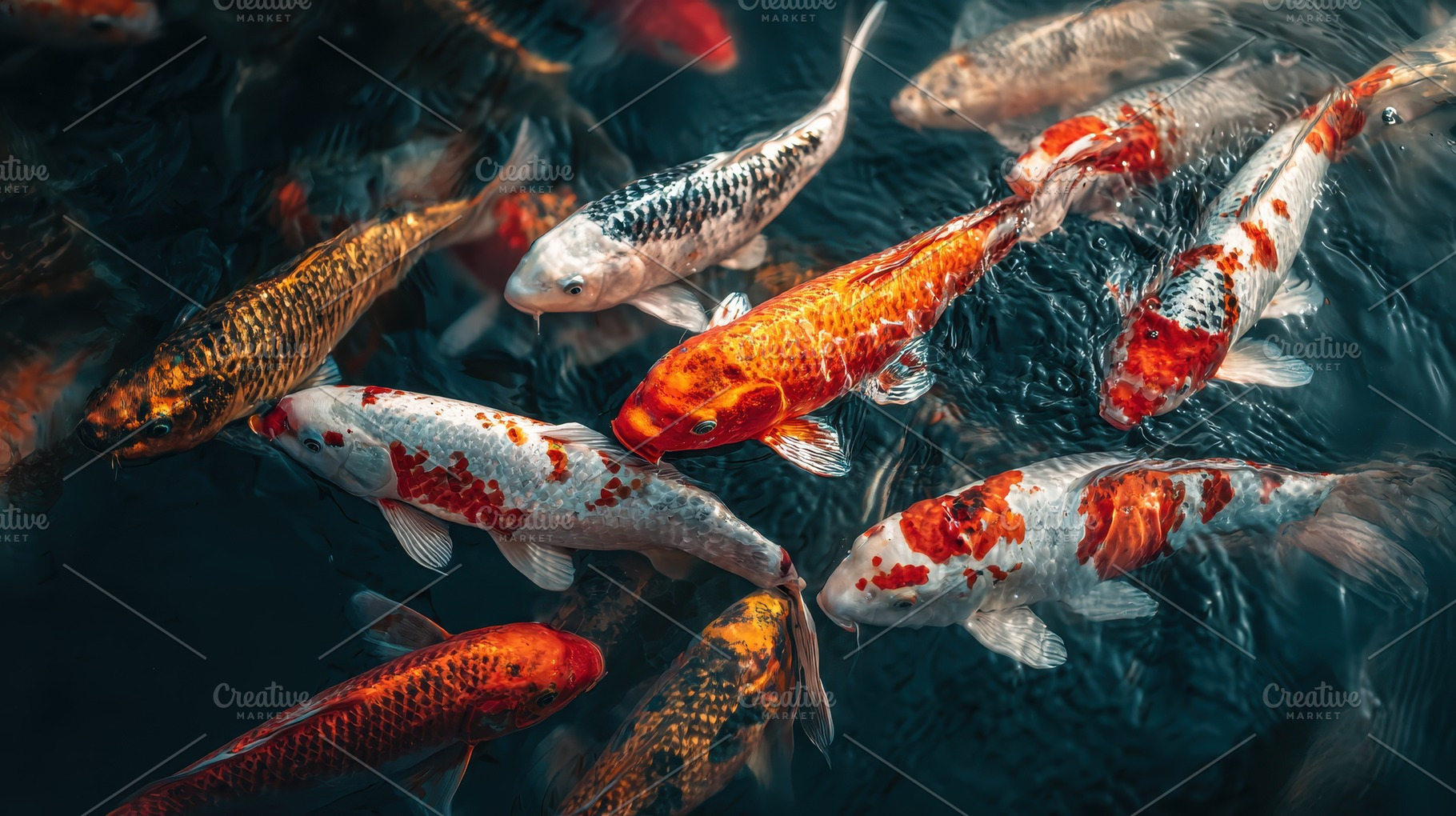 Vibrant Koi Fish Swim in Dark Water, a Photo by Pixeness Studio