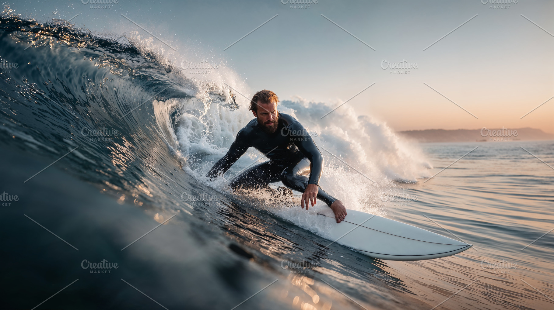 Surfer rides wave during golden hour on beach coastline, a Sports & Recreation Photo by OSORIOartist