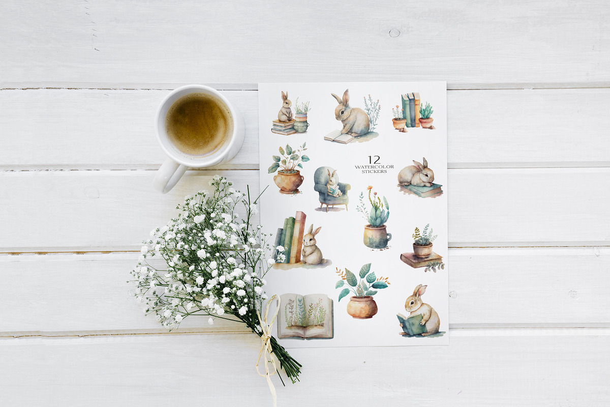Bunny and Books. Watercolor rabbit, an Animal Illustration by AlineArtStore (Photo 11 of 15)