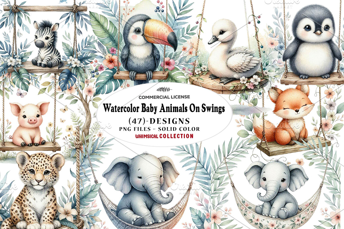 Watercolor Baby Animals On Swings, a Seasonal Illustration by CreationArt (Photo 1 of 7)